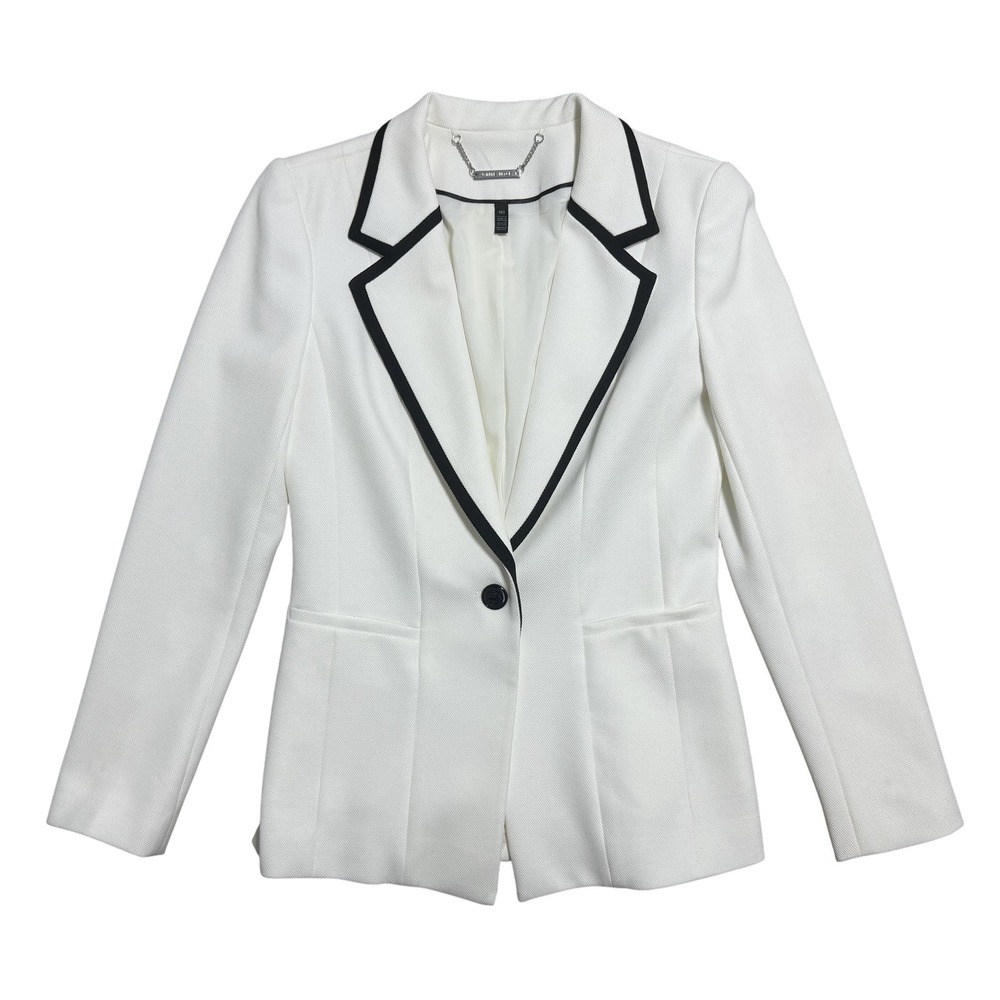White House Black Market Blazer Womens 00 White Contrast Trim One Button Fitted